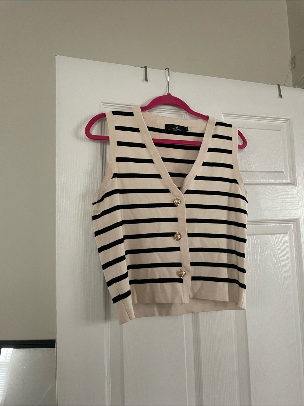 Striped V-Neck Button Tank Top - Black & Cream
